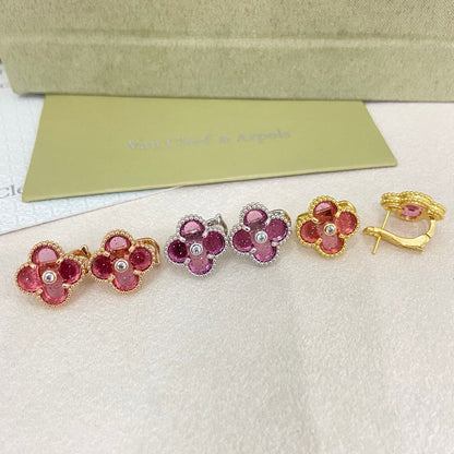 [⭐Spark]2026 NEW  CLOVER 1 MOTIFPINK ENAMEL STUD EARRINGS WITH DIAMONDS2
