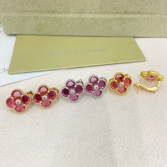 [⭐Spark]2026 NEW  CLOVER 1 MOTIFPINK ENAMEL STUD EARRINGS WITH DIAMONDS2