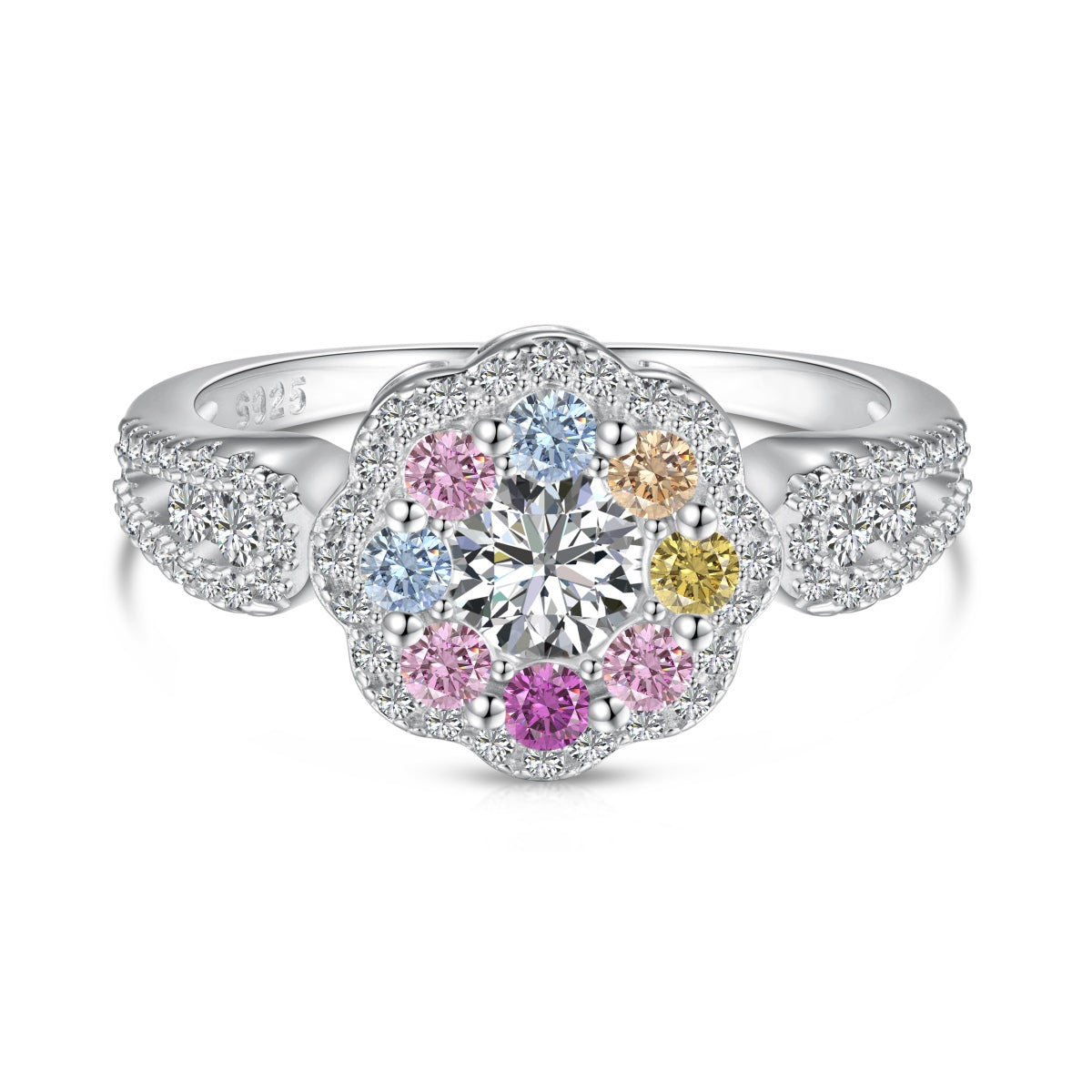 [Spark Jewelry]Delicate Colorful Round Cut Flower Shape Wedding Ring