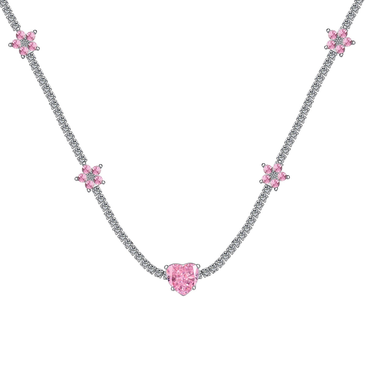 [Spark Jewelry]Dazzling Pink Heart Flower Necklace