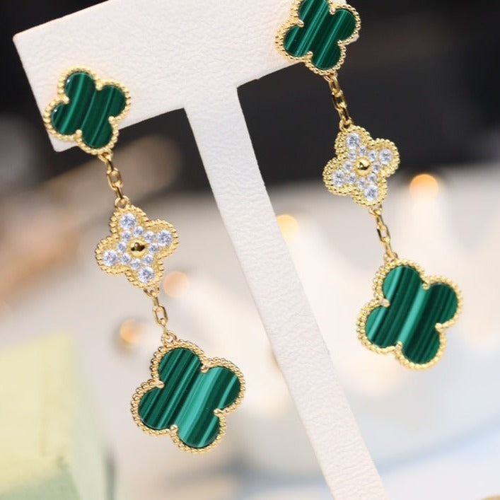 [⭐Spark]CLOVER EARRINGS GOLD MALACHITE DIAMOND 3 MOTIF