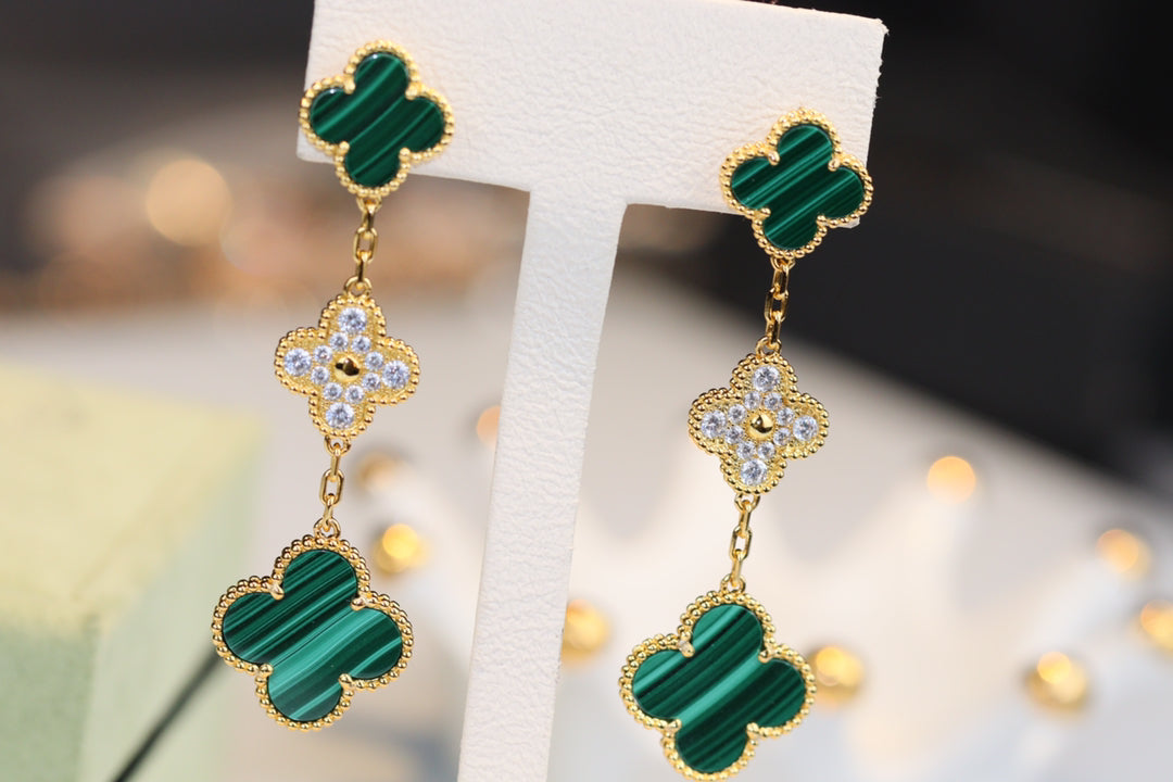 [⭐Spark]CLOVER EARRINGS GOLD MALACHITE DIAMOND 3 MOTIF