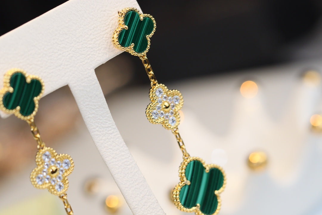 [⭐Spark]CLOVER EARRINGS GOLD MALACHITE DIAMOND 3 MOTIF