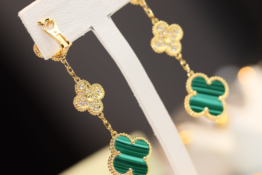 [⭐Spark]CLOVER EARRINGS GOLD MALACHITE DIAMOND 3 MOTIF