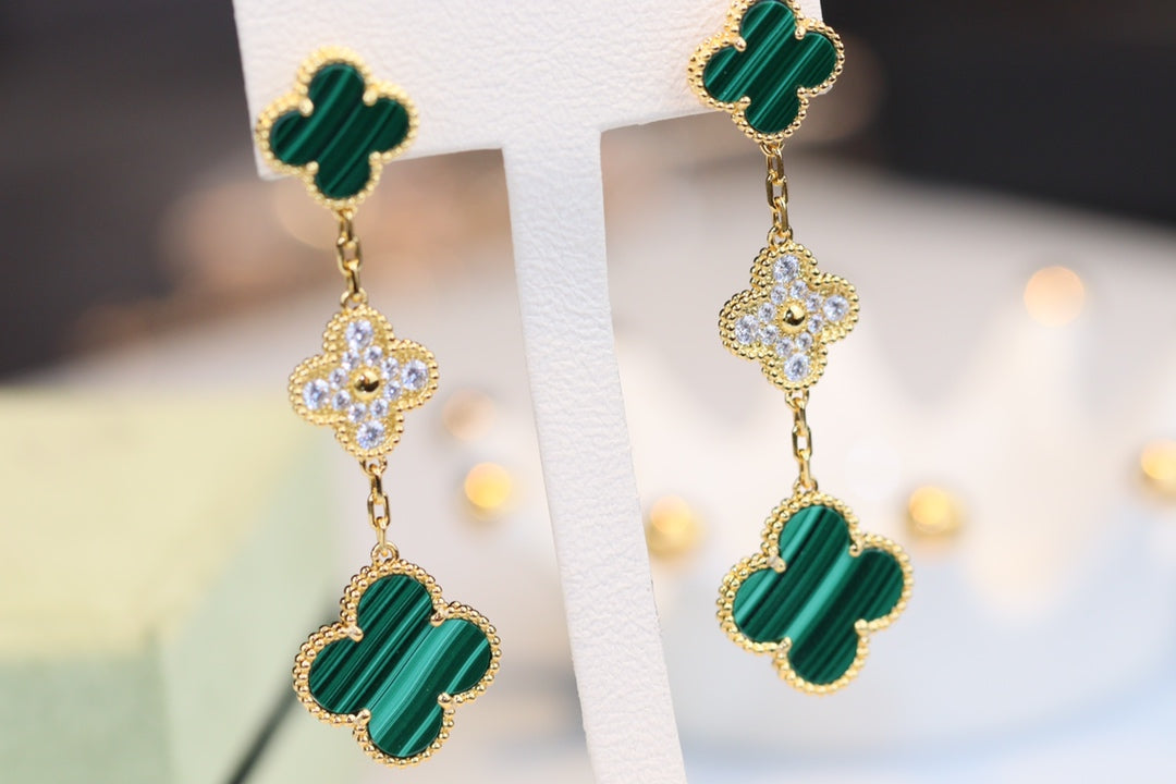 [⭐Spark]CLOVER EARRINGS GOLD MALACHITE DIAMOND 3 MOTIF