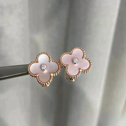 [⭐Spark]CLOVER MEDIUM 1 MOTIFS  PINK MOP DIAMOND EARRINGS