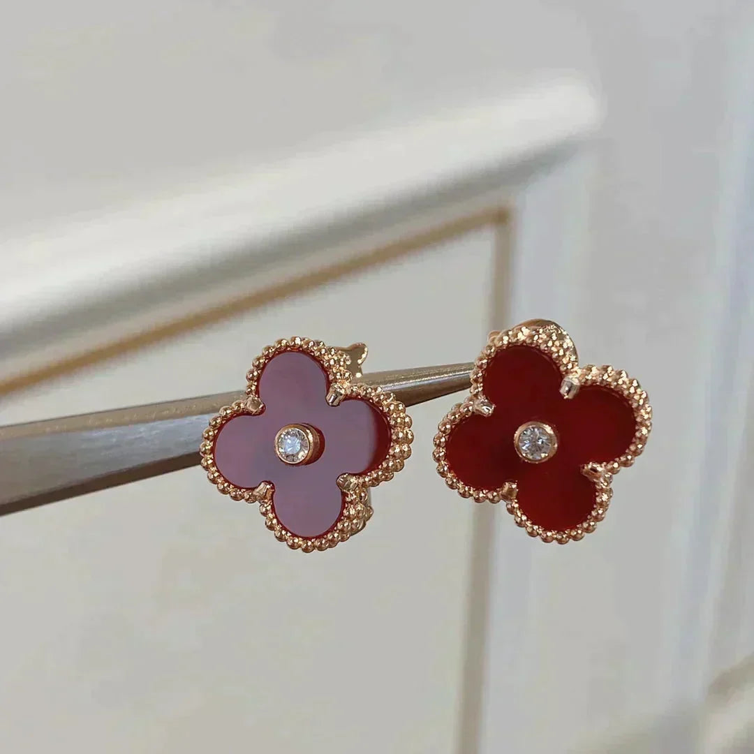 [⭐Spark]CLOVER MEDIUM 1 MOTIFS CARNELIAN  DIAMOND earrings