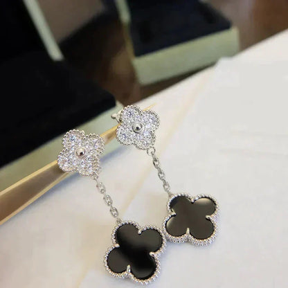 [⭐Spark]CLOVER 2 MOTIFS  DIAMOND ONYX EARRINGS SILVER