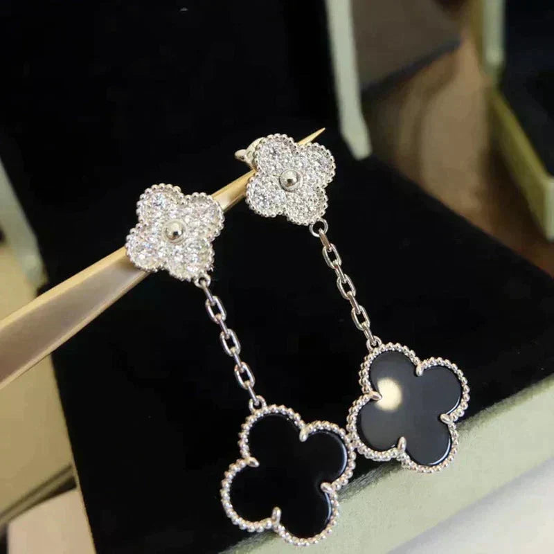[⭐Spark]CLOVER 2 MOTIFS  DIAMOND ONYX EARRINGS SILVER