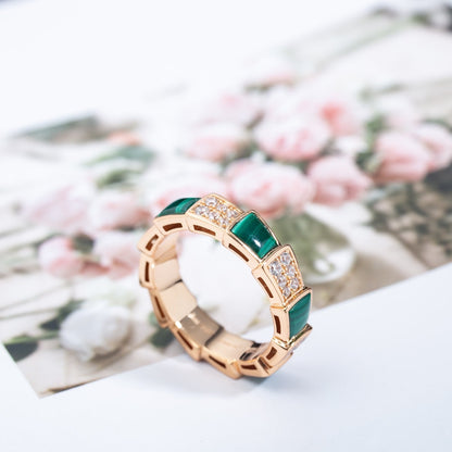 [⭐Spark]SERPENTI RING PINK GOLD MALACHITE DIAMOND PAVED 4MM