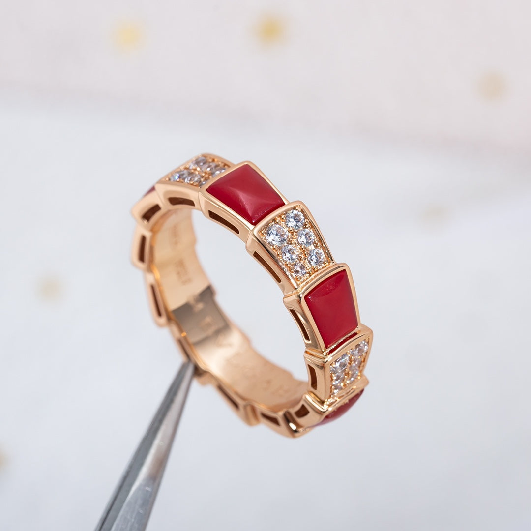[⭐Spark]SERPENTI RING PINK GOLD CARNELIAN DIAMOND PAVED 4MM