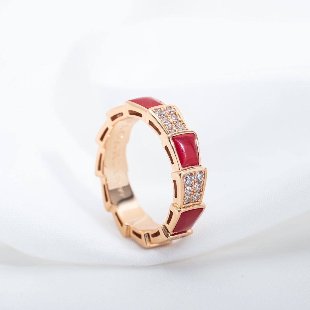 [⭐Spark]SERPENTI RING PINK GOLD CARNELIAN DIAMOND PAVED 4MM