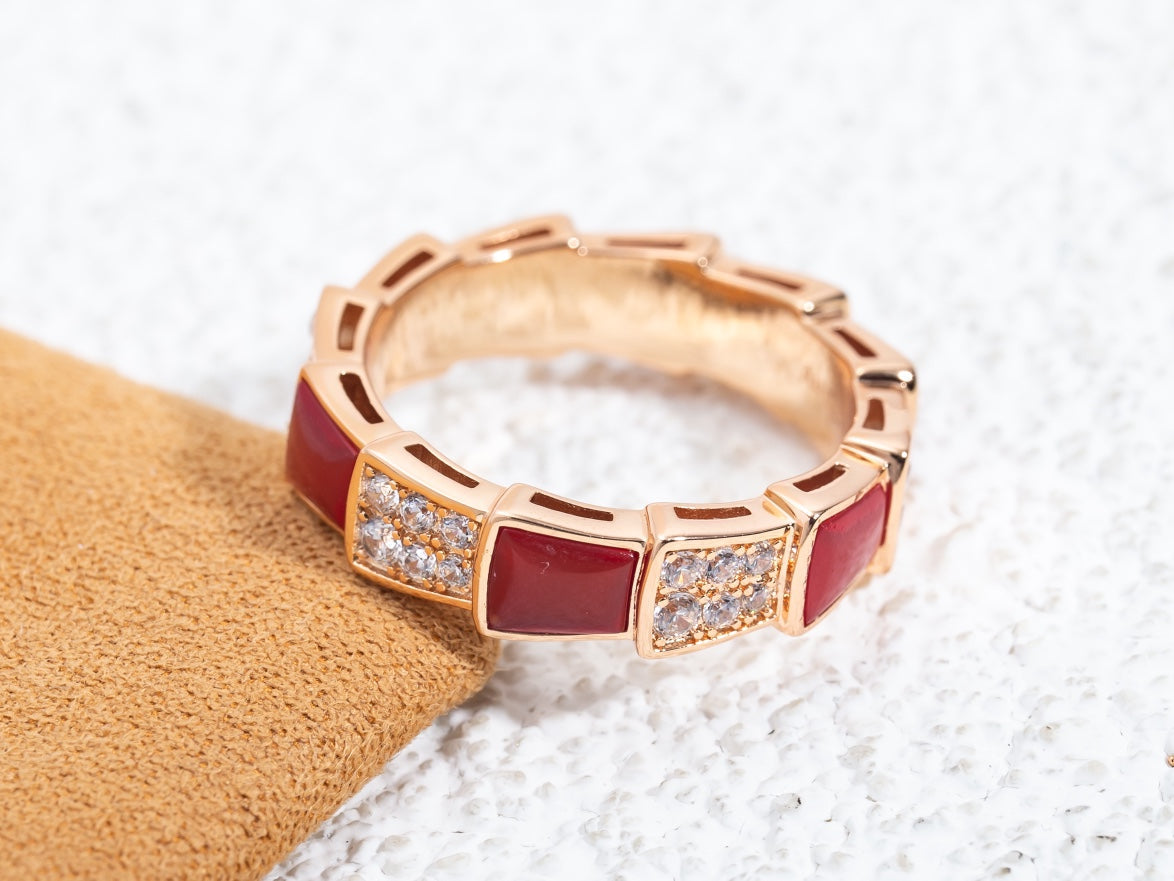 [⭐Spark]SERPENTI RING PINK GOLD CARNELIAN DIAMOND PAVED 4MM