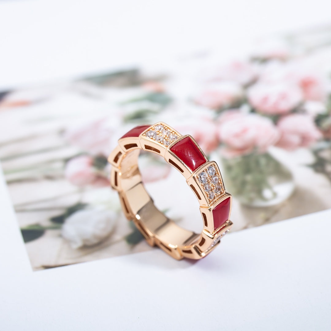 [⭐Spark]SERPENTI RING PINK GOLD CARNELIAN DIAMOND PAVED 4MM