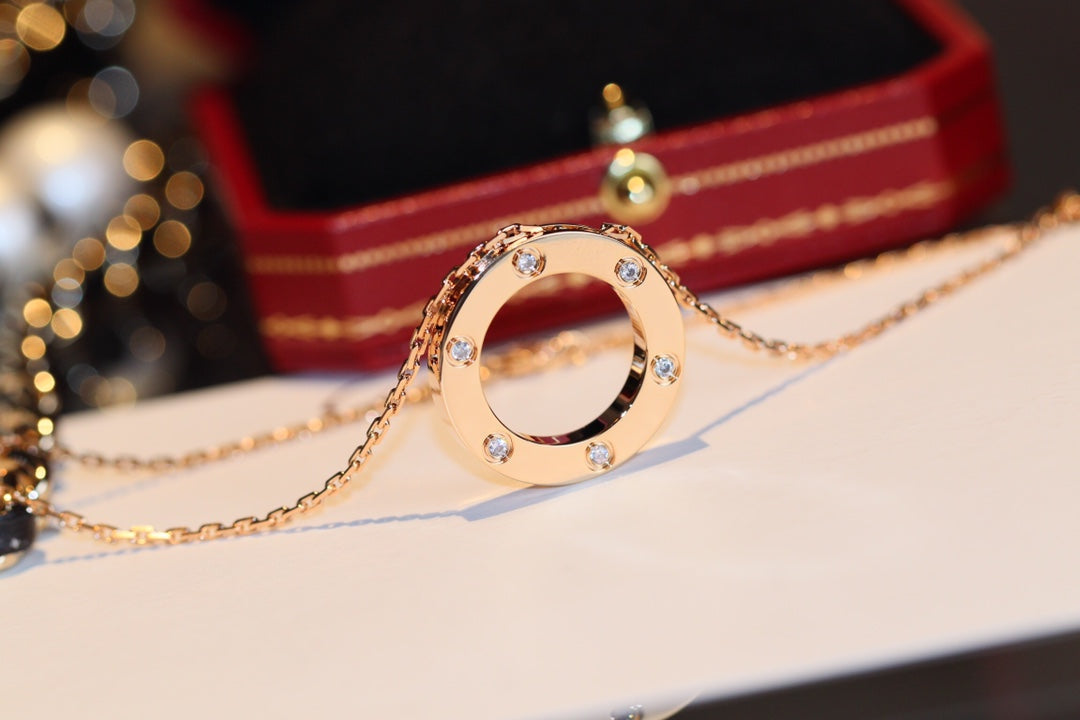 [⭐Spark]LOVE NECKLACE 16MM 6 DIAMONDS PINK GOLD