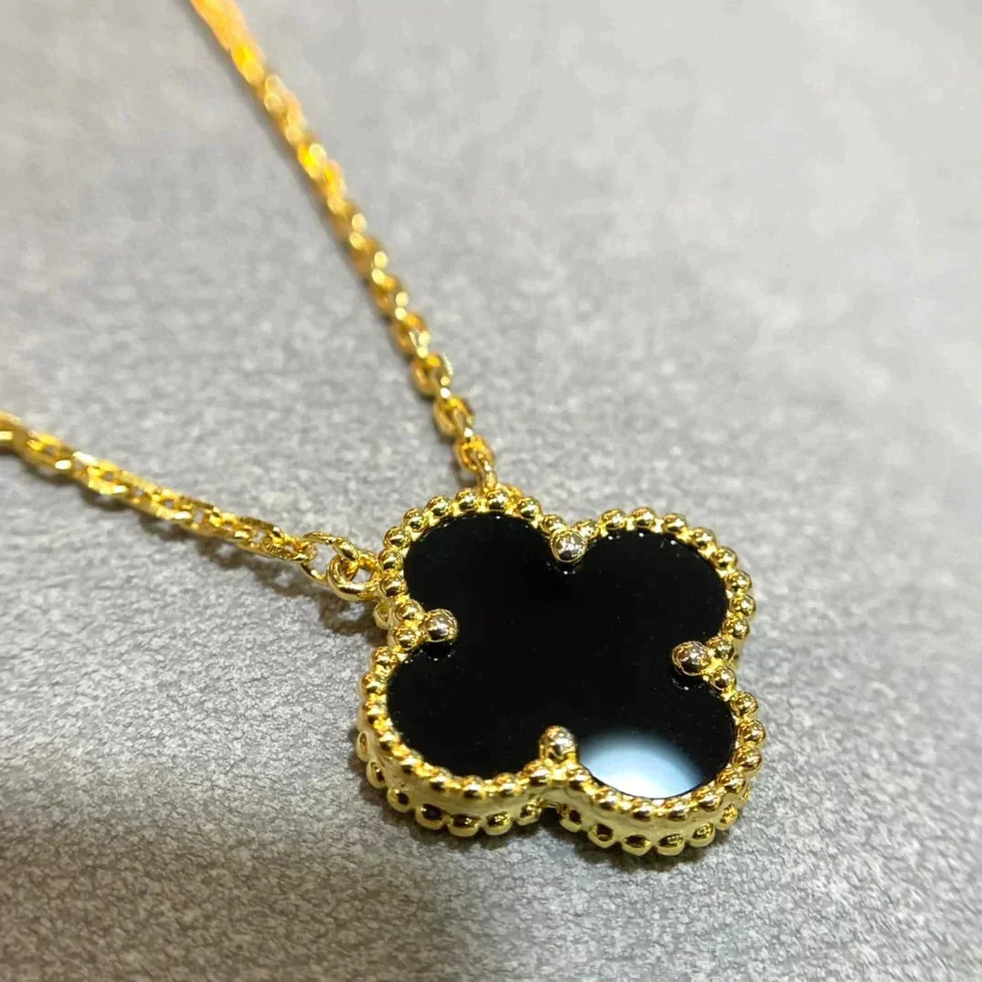 [⭐Spark]CLOVER 15MM BLACK ONYX SINGLE FLOWER NECKLACE