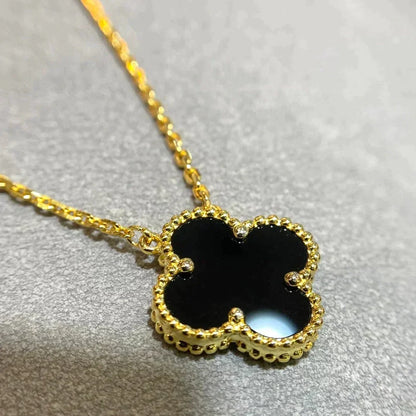 [⭐Spark]CLOVER 15MM BLACK ONYX SINGLE FLOWER NECKLACE