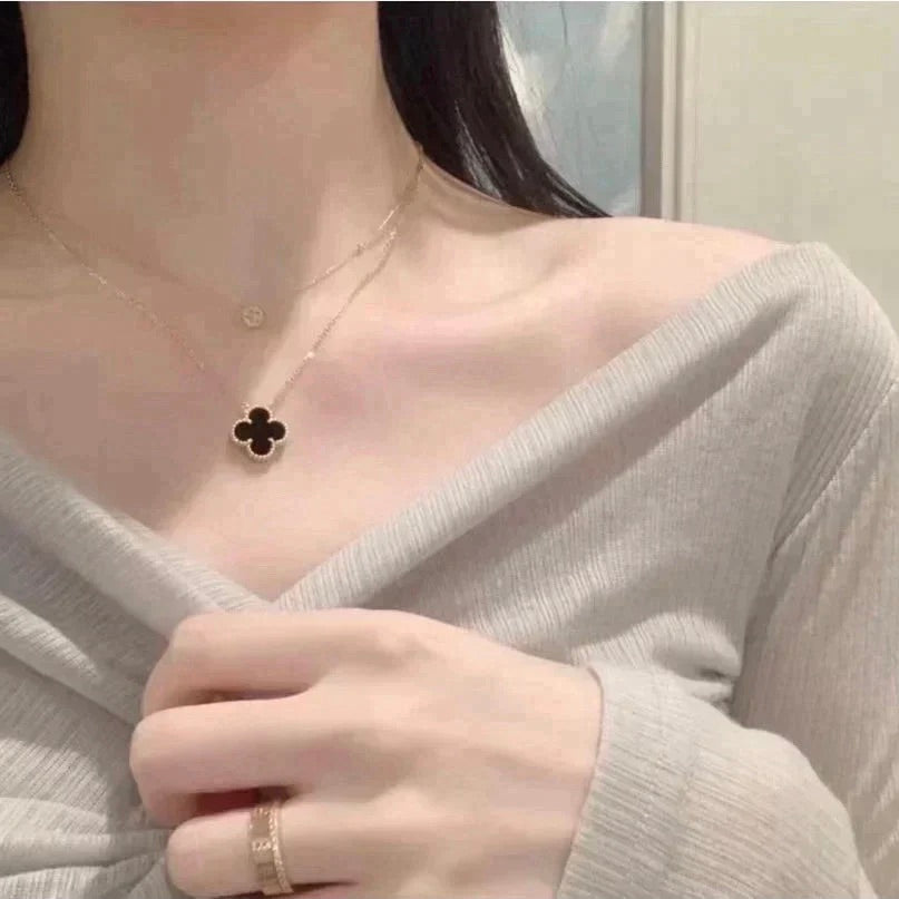 [⭐Spark]CLOVER 15MM BLACK ONYX SINGLE FLOWER NECKLACE