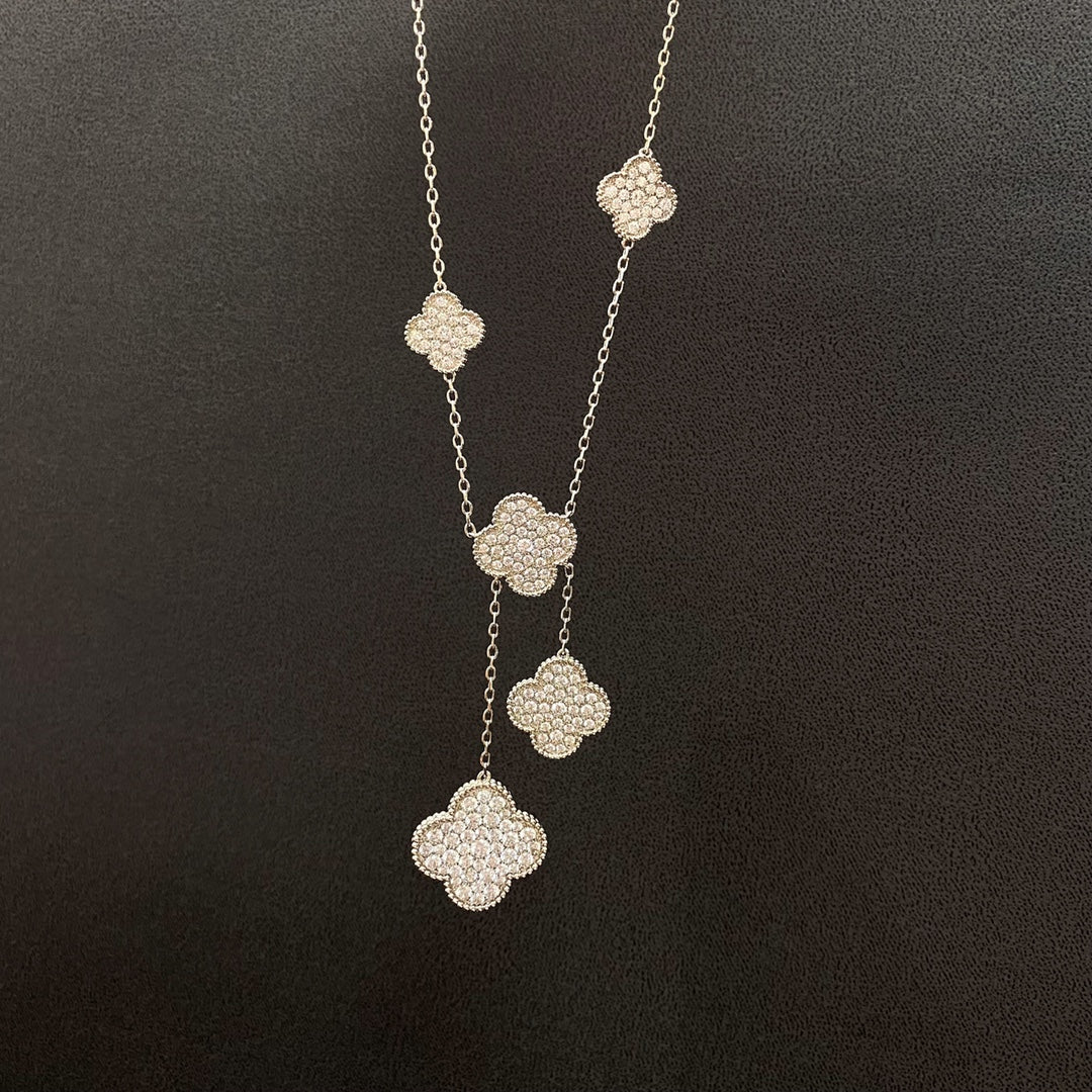 [⭐Spark]CLOVER 5 MOTIFS SILVER DIAMONDS NECKLACE
