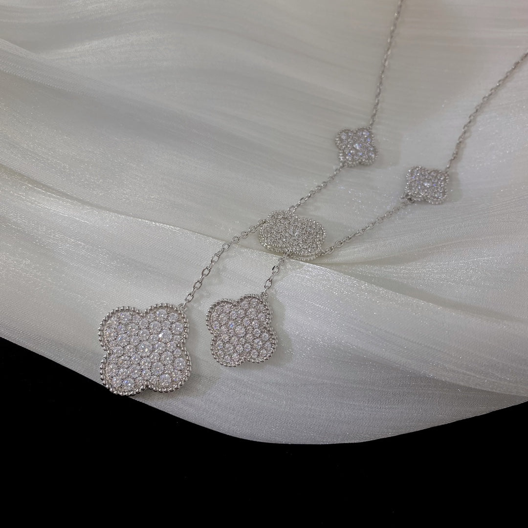 [⭐Spark]CLOVER 5 MOTIFS SILVER DIAMONDS NECKLACE