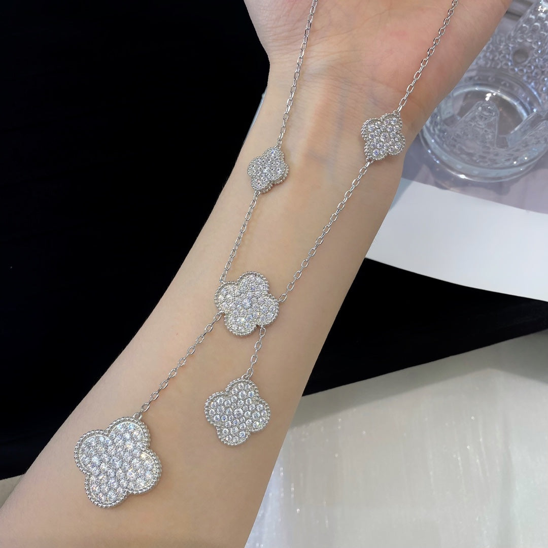 [⭐Spark]CLOVER 5 MOTIFS SILVER DIAMONDS NECKLACE
