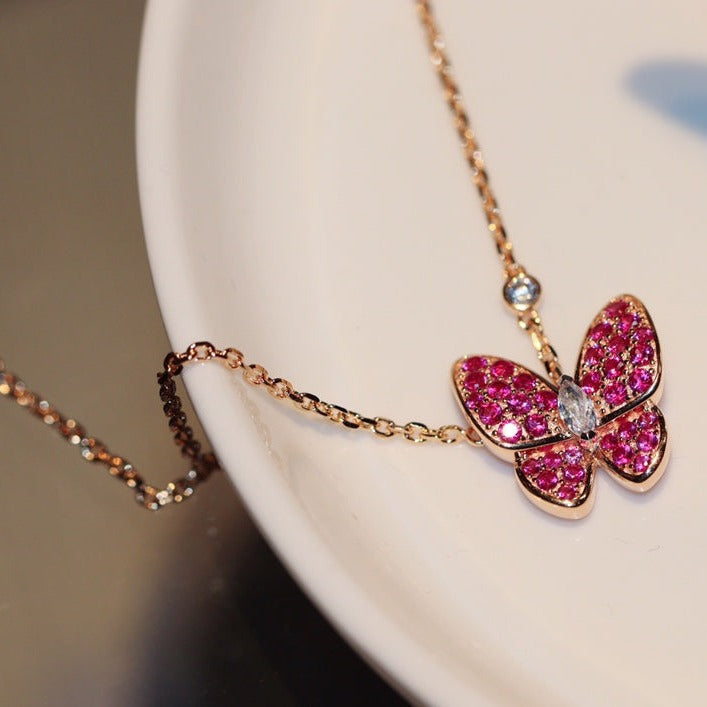 [⭐Spark]BUTTERFLY RED DIAMOND ROSE GOLD NECKLACE