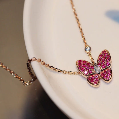[⭐Spark]BUTTERFLY RED DIAMOND ROSE GOLD NECKLACE