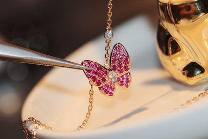 [⭐Spark]BUTTERFLY RED DIAMOND ROSE GOLD NECKLACE