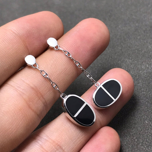 [⭐Spark]CHAINE VERSO BLACK CERAMIC SILVER EARRINGS