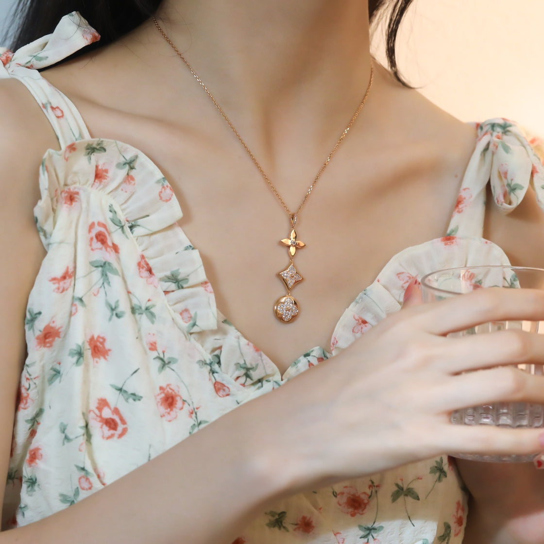 [⭐Spark]STAR AND SUN DIAMOND PINK GOLD NECKLACE