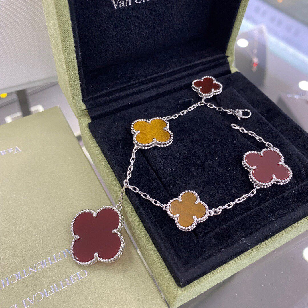 [⭐Spark]CLOVER 5 MOTIFS SIVLER CARNELIAN TIGER EYE BRACELET