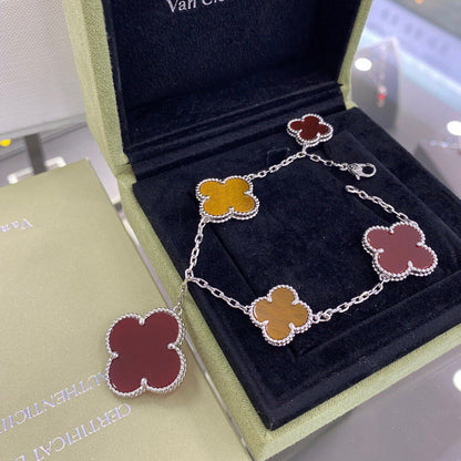 [⭐Spark]CLOVER 5 MOTIFS SIVLER CARNELIAN TIGER EYE BRACELET