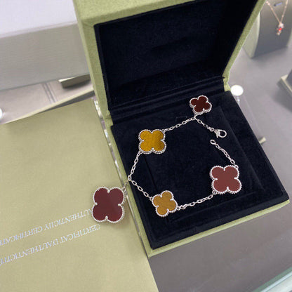 [⭐Spark]CLOVER 5 MOTIFS SIVLER CARNELIAN TIGER EYE BRACELET