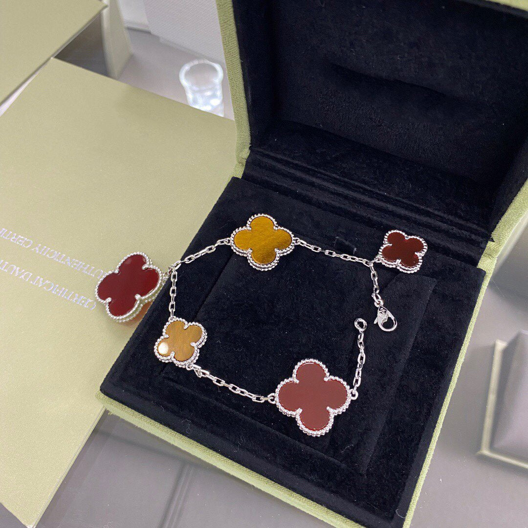 [⭐Spark]CLOVER 5 MOTIFS SIVLER CARNELIAN TIGER EYE BRACELET
