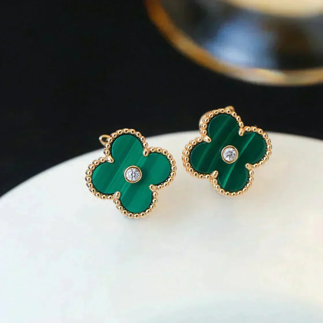 [⭐Spark]CLOVER MEDIUM 1 MOTIFS MALACHITE DIAMOND EARRINGS