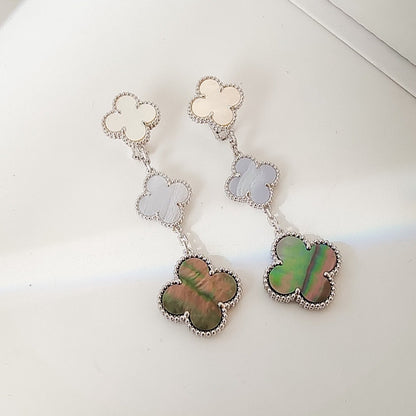 [⭐Spark]CLOVER 3 MOTIFS CHALCEDONY DARK MOP SILVER EARRINGS