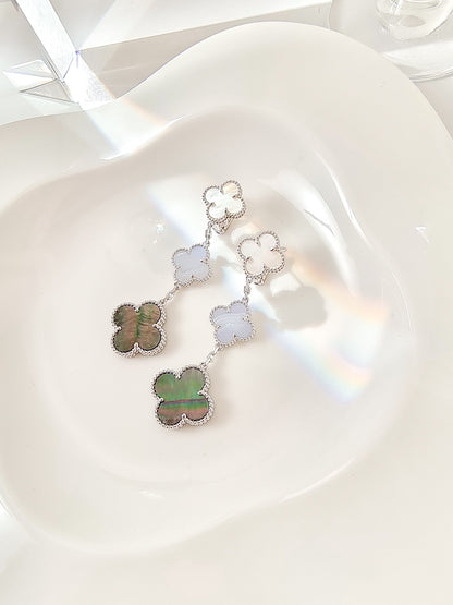 [⭐Spark]CLOVER 3 MOTIFS CHALCEDONY DARK MOP SILVER EARRINGS