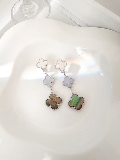 [⭐Spark]CLOVER 3 MOTIFS CHALCEDONY DARK MOP SILVER EARRINGS
