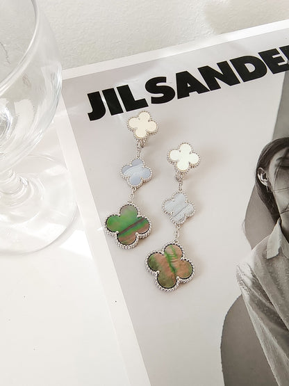 [⭐Spark]CLOVER 3 MOTIFS CHALCEDONY DARK MOP SILVER EARRINGS
