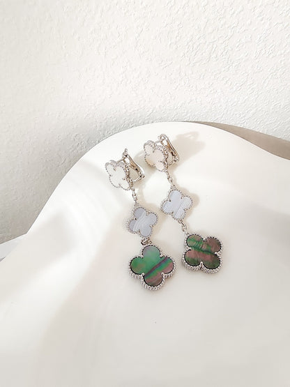[⭐Spark]CLOVER 3 MOTIFS CHALCEDONY DARK MOP SILVER EARRINGS