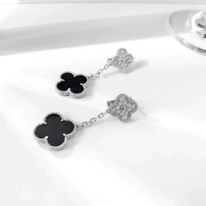 [⭐Spark]CLOVER 2 MOTIFS  DIAMOND ONYX EARRINGS SILVER