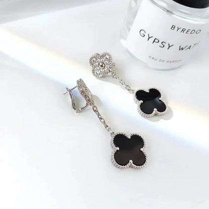 [⭐Spark]CLOVER 2 MOTIFS  DIAMOND ONYX EARRINGS SILVER