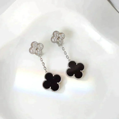 [⭐Spark]CLOVER 2 MOTIFS  DIAMOND ONYX EARRINGS SILVER