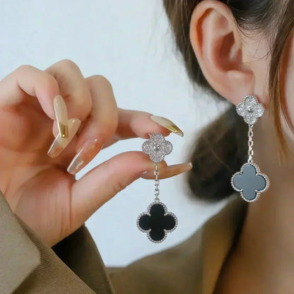 [⭐Spark]CLOVER 2 MOTIFS  DIAMOND ONYX EARRINGS SILVER