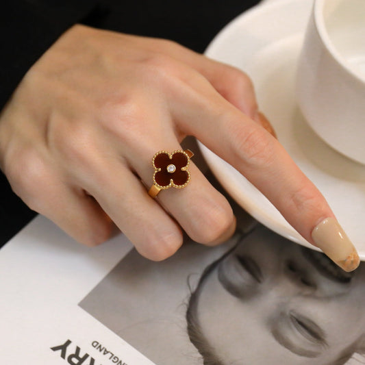 [⭐Spark]CLOVER CARNELIAN RING ROSE GOLD DIAMOND