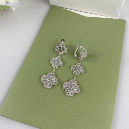 [⭐Spark]CLOVER 3 MOTIF DIAMOND SILVER DROP EARRINGS