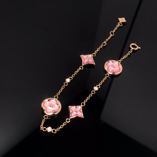 [⭐Spark]STAR AND SUN 4 MOTIF PINK MOP PINK GOLD BRACELET