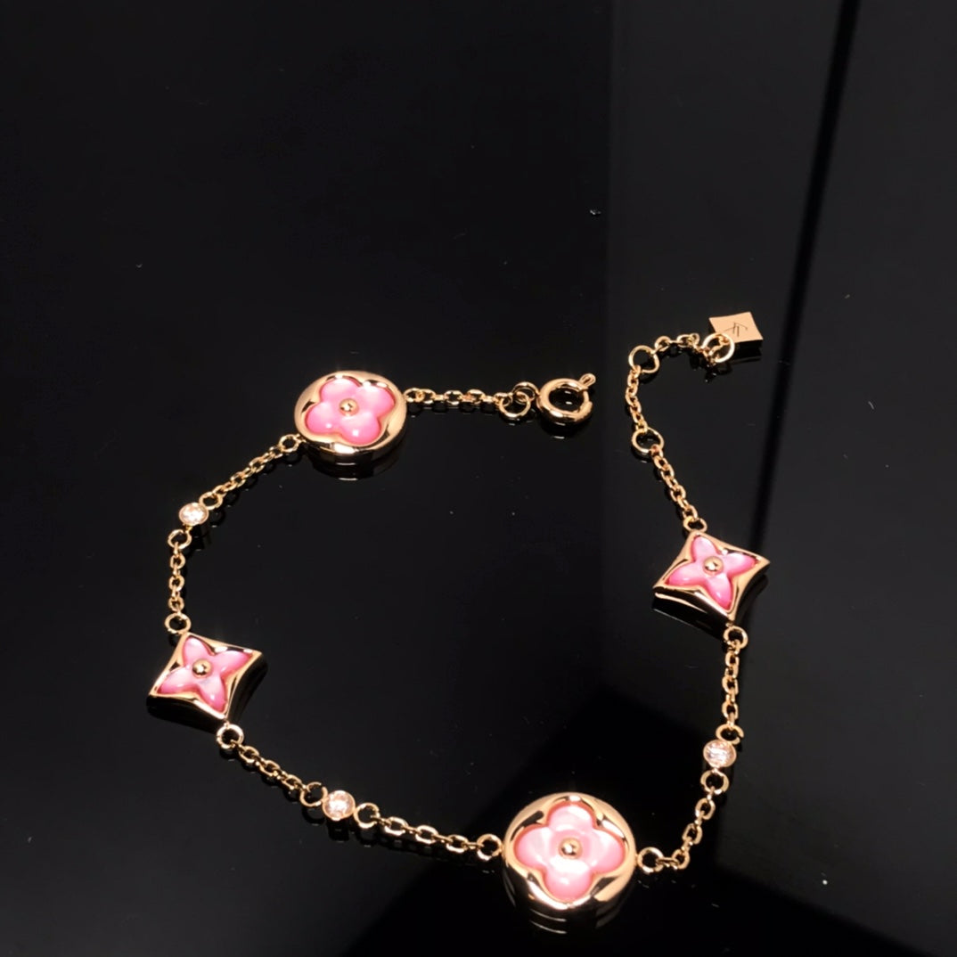[⭐Spark]STAR AND SUN 4 MOTIF PINK MOP PINK GOLD BRACELET