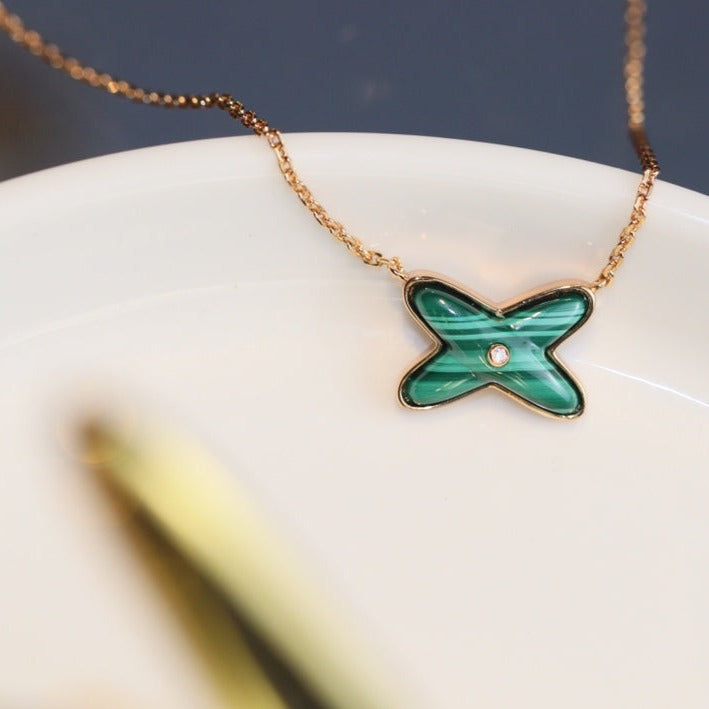 [⭐Spark]JEUX MALACHITE 1 DIAMOND PINK GOLD NECKLACE