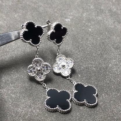 [⭐Spark]CLOVER 3 MOTIF DIAMOND ONYX SILVER EARRINGS